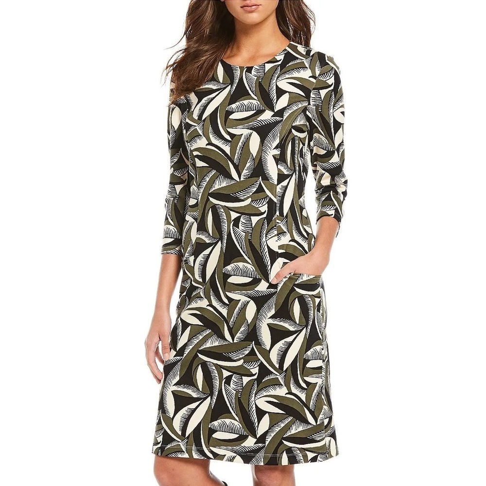 J. McLaughlin Catalyst Dress 3/4 Sleeve Black Beige Pop Feather Size Medium M